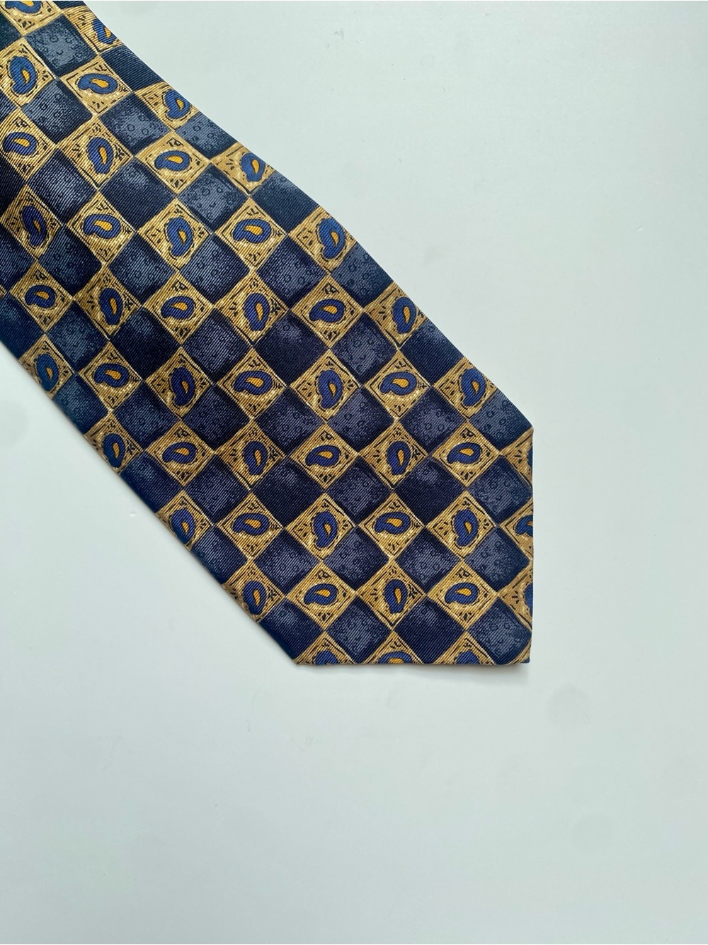 Navy and Gold Geometric Paisley Silk Tie